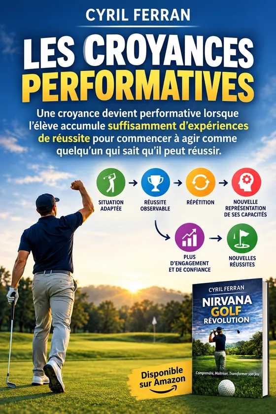Affiche Les Croyances Performatives : une croyance devient performative lorsque l'élève accumule suffisamment d'expériences de réussite pour commencer à agir comme quelqu'un qui sait qu'il peut réussir. Situation adaptée, réussite observable, répétition, nouvelle représentation de ses capacités, plus d'engagement et de confiance, nouvelles réussites.